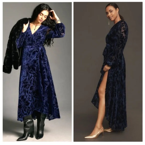 NWT Anthropologie Whimsigoth Boho Velvet Floral Wrap Maxi Dress - Blue - Picture 7 of 7